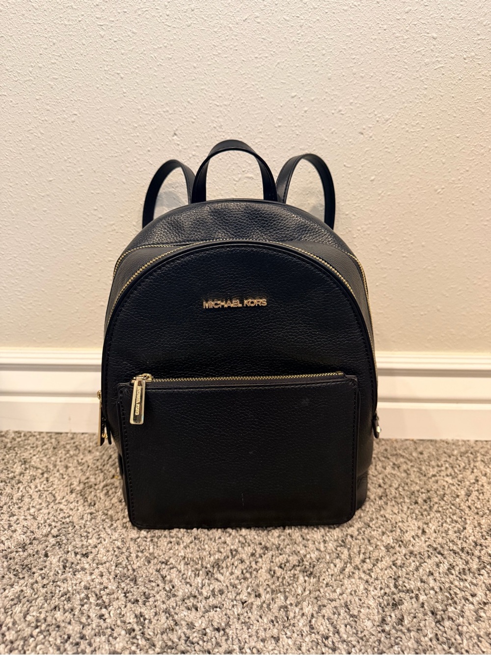 Michael Kors Black Pebbled Leather Backpack with Gold Accents